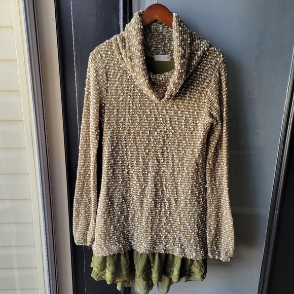 Altar'd State Green/White SWEATER DRESS Size Large Long Sleeve Lace Trim Floral - Picture 2 of 9